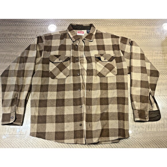 Wrangler Mens Large Long Sleeve Button Up Collared Shirt Jacket Brown Plaid - Picture 1 of 3